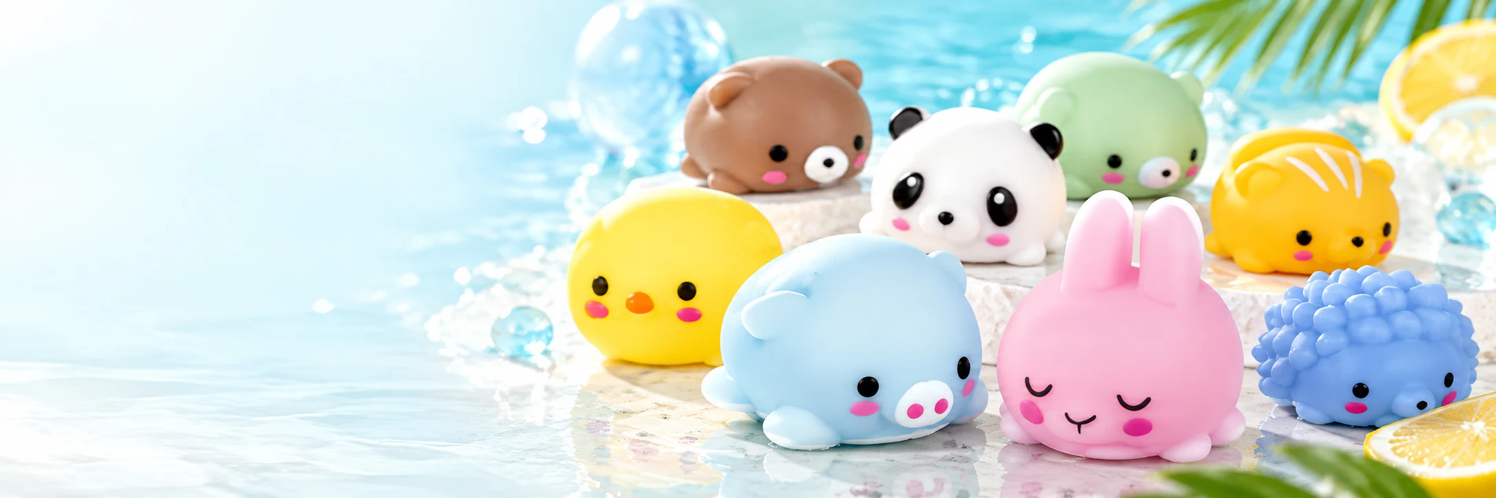 水色やピンク、黄色のもちもち動物が並ぶ明るい水辺のシーン