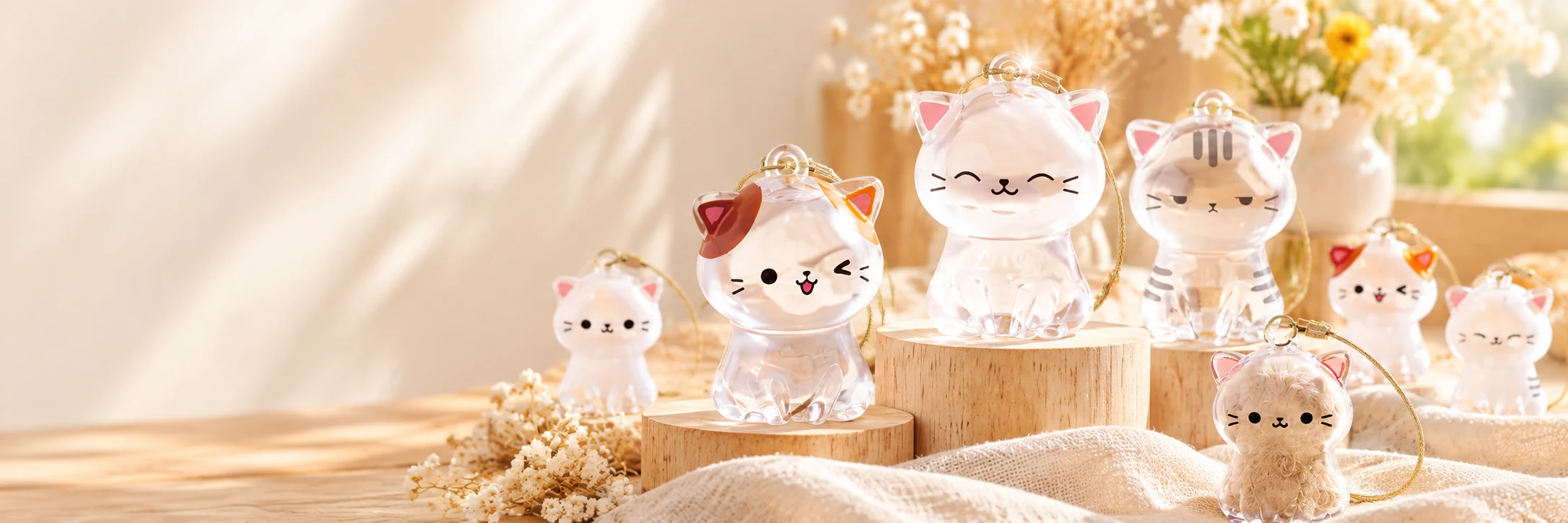 木の台とリネンの上で光を受ける透明なねこ型キーホルダー